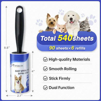 RAINBEAN Lint Rollers For Pet Hair Extra Sticky, 540 Sheets 6 Refills Lint Roller With 2 Upgrade Handles, Portable Lint Remover Brush Pet Hair Remover For Dog Cat Hair Removal, Clothes, Furniture SimplyYours4Life